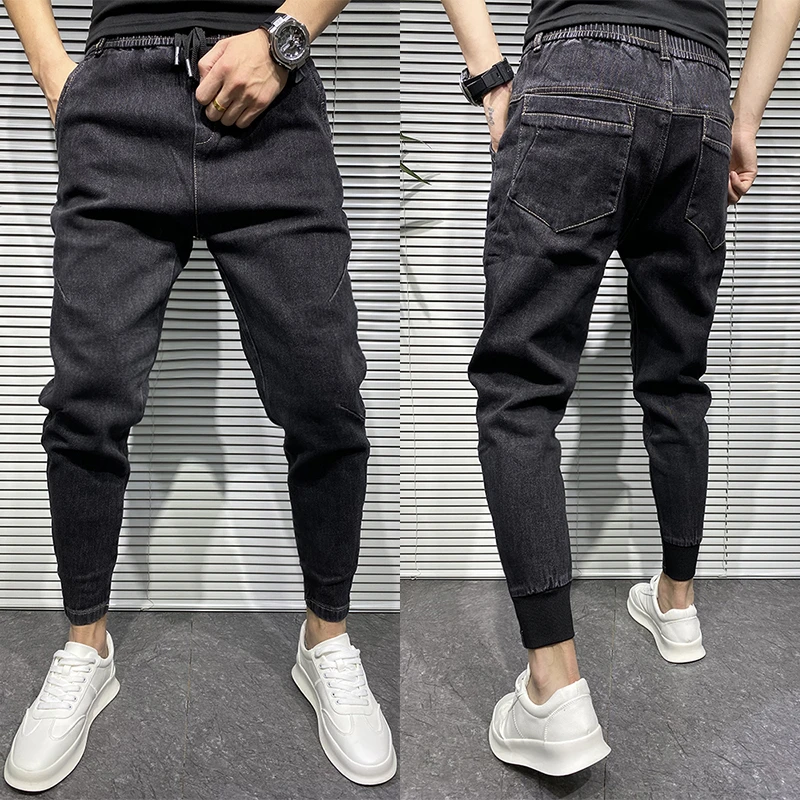 秋冬新款牛仔裤男宽松束脚裤小脚裤精神小伙加绒休闲裤黑色哈伦裤