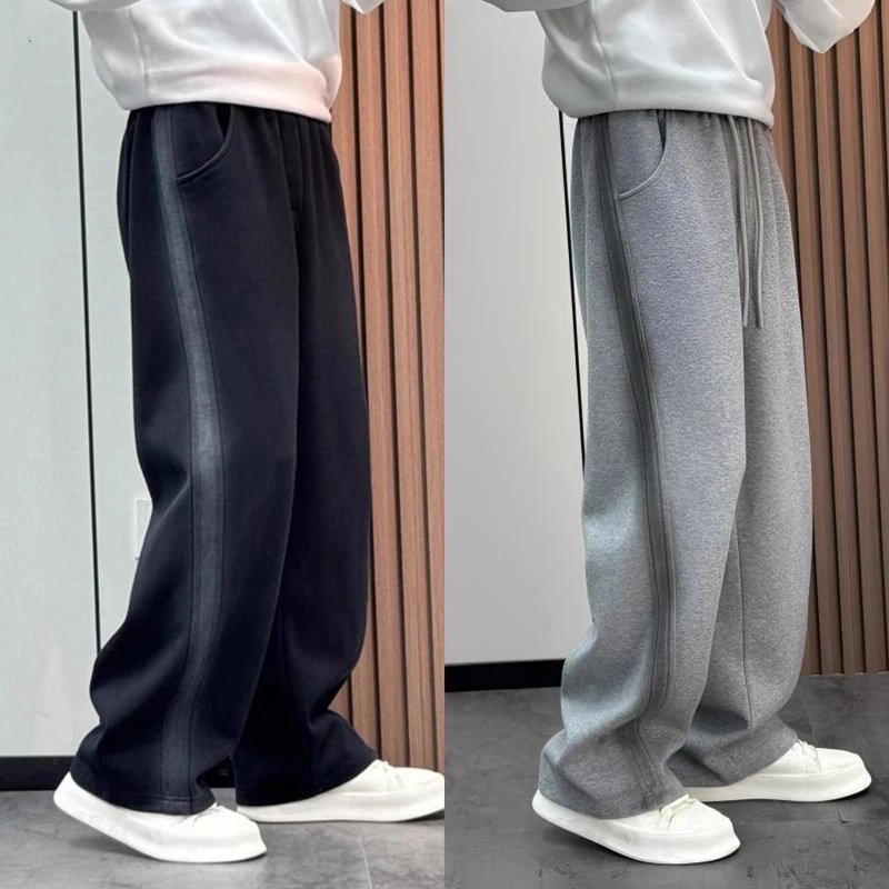 美式宽松渐变垂感直筒休闲裤男士秋冬潮款条纹拼接百搭阔腿运动裤