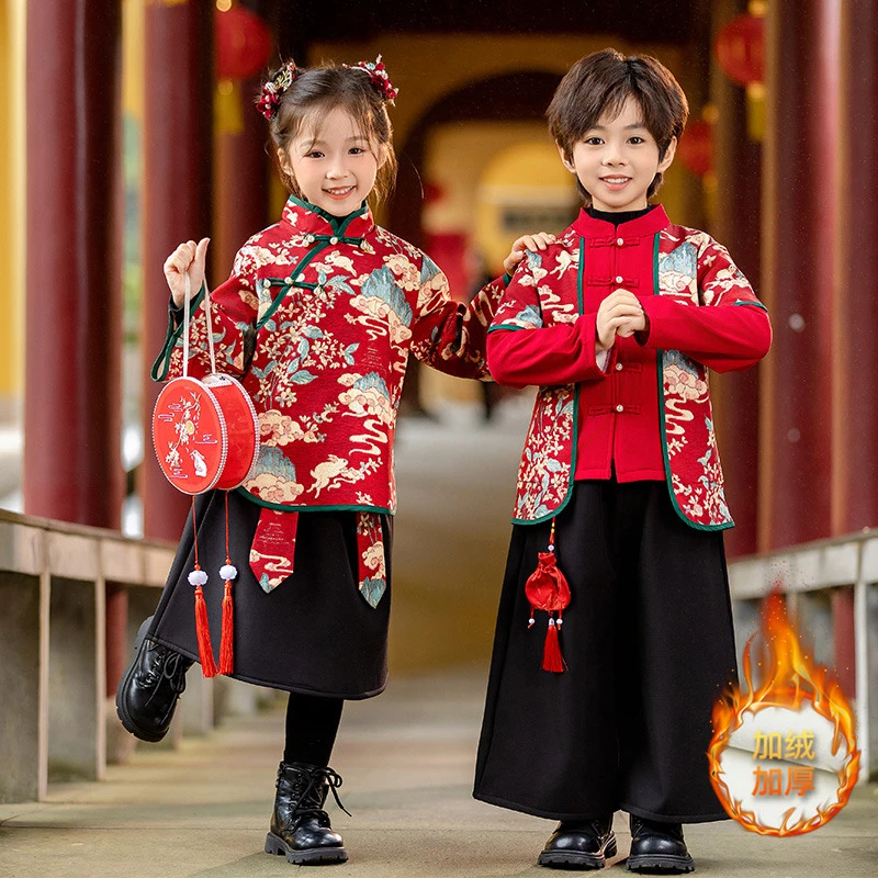 男童加绒汉服拜年服秋冬季儿童女童宝宝红色喜庆新年衣服唐装童装