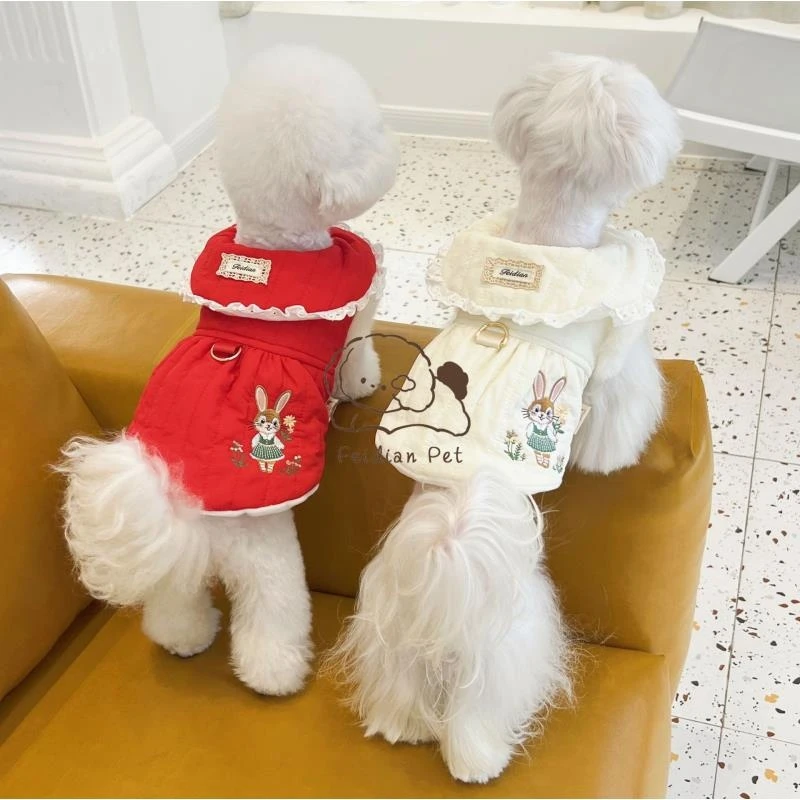 宠物兔子绣花24娃娃领加厚棉衣比熊泰迪保暖毛绒春节圣诞新年服