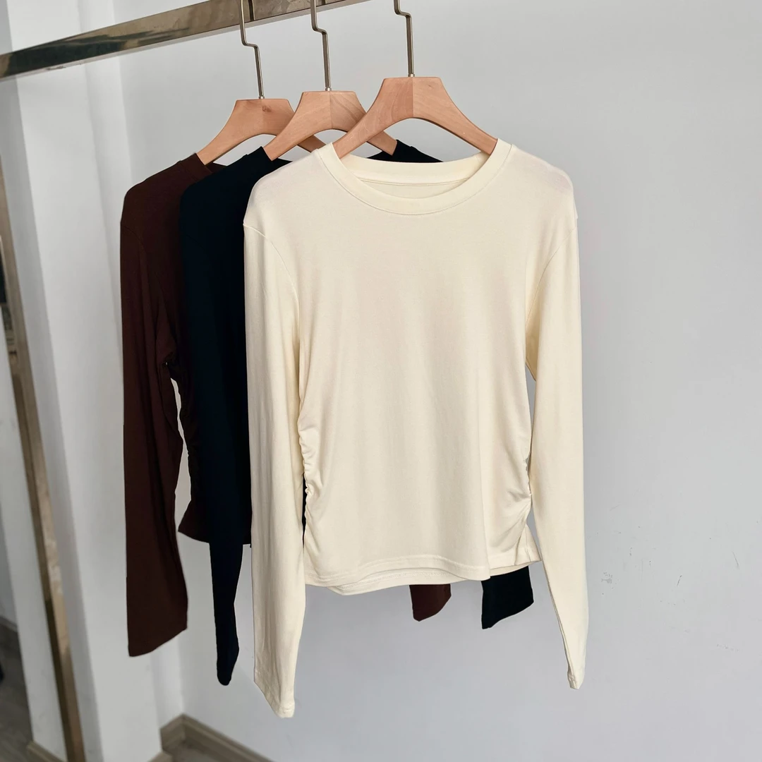 弹力修身纯色显瘦百搭极简螺纹棉打底衫长袖