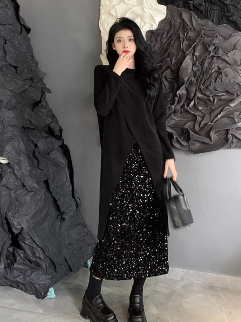 大码胖mm炸街裙子套装女秋季亮片包臀裙遮肚藏肉半身裙两件套上衣