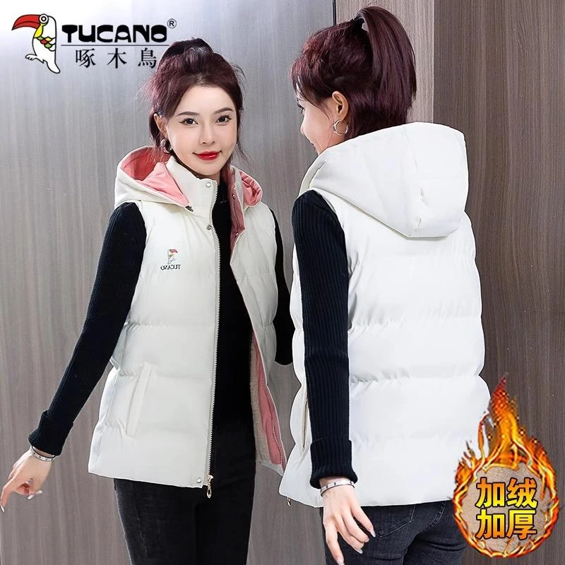 【官方】啄木鸟女士马甲外搭秋冬2023新款洋气连帽加绒加厚背心外套