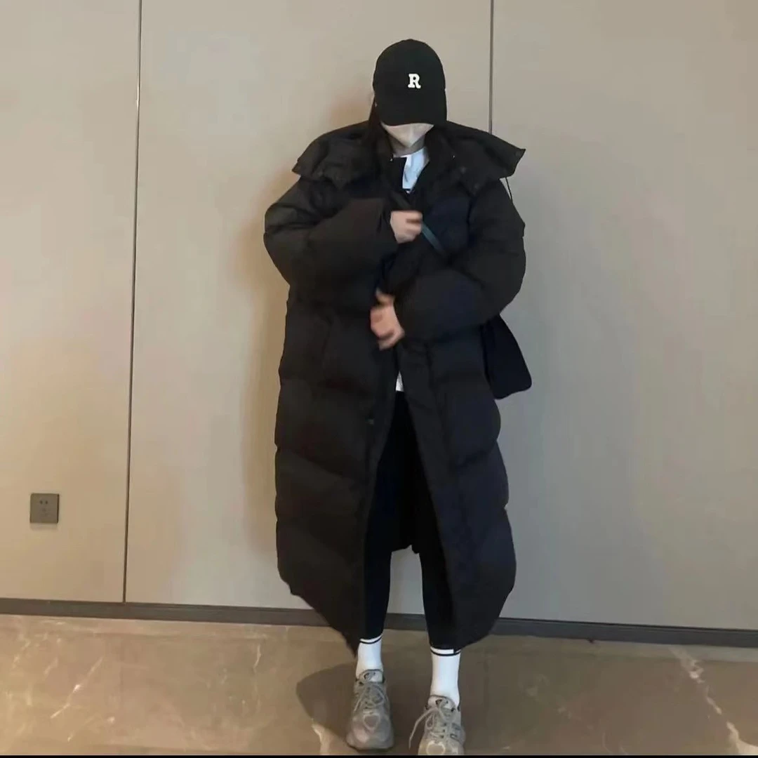 徐秋阳 毛披羽绒服 保暖百搭黑色长款羽绒服外套-