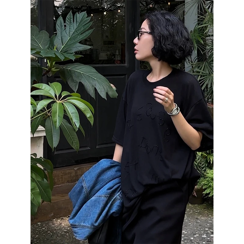 WUWU STUDIO【朋友T】轻薄竹节棉圆领T恤手工串珠休闲懒人短袖6579