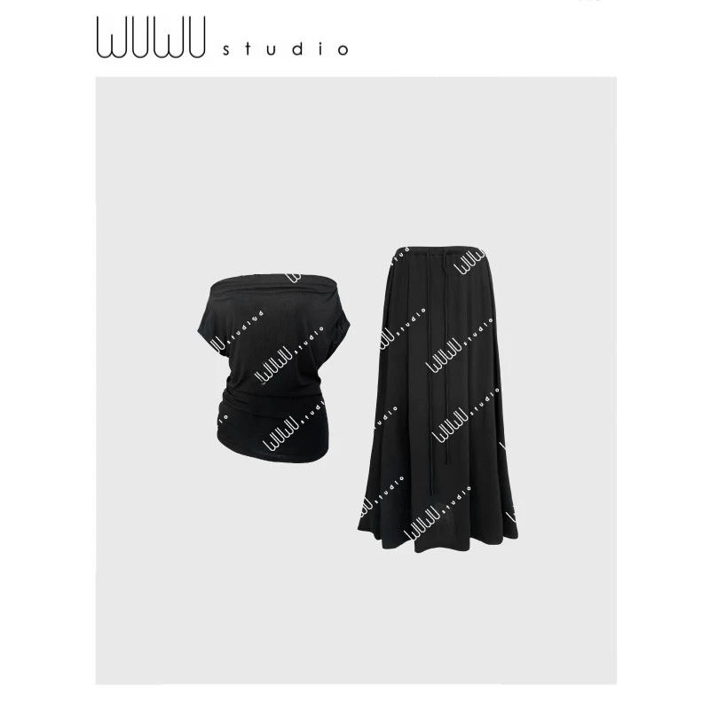 WUWU STUDIO【晚风】兰精莱赛尔气质高弹一字领T恤半裙两件套6469