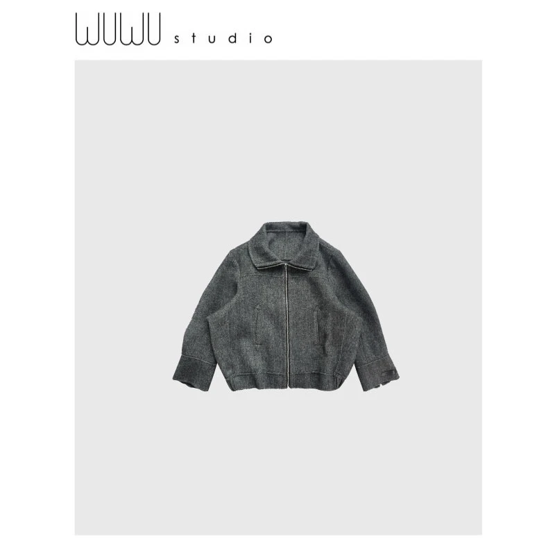 WUWU STUDIO 【威尼斯】高智意式羊呢高级感人字纹长袖外套大衣6694