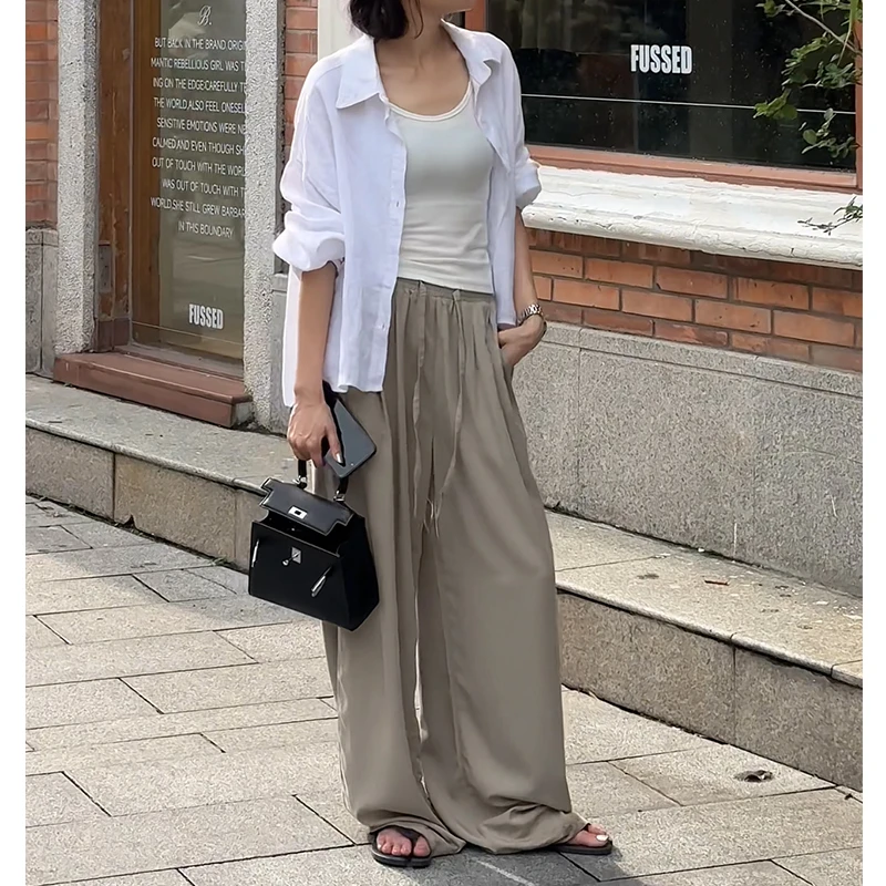 WUWU STUDIO 【天丝阔腿裤】日系极简松紧带夏季百搭休闲裤8122