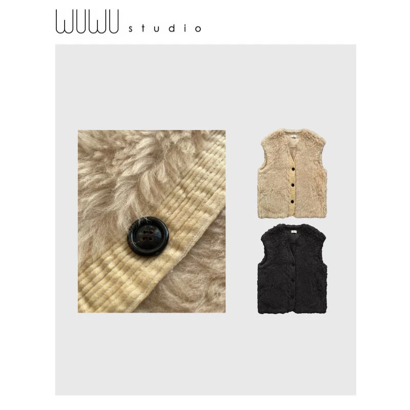WUWU STUDIO 【暖洋洋】暖冬羊羔毛一体V领叠穿毛马甲宽松外套6725