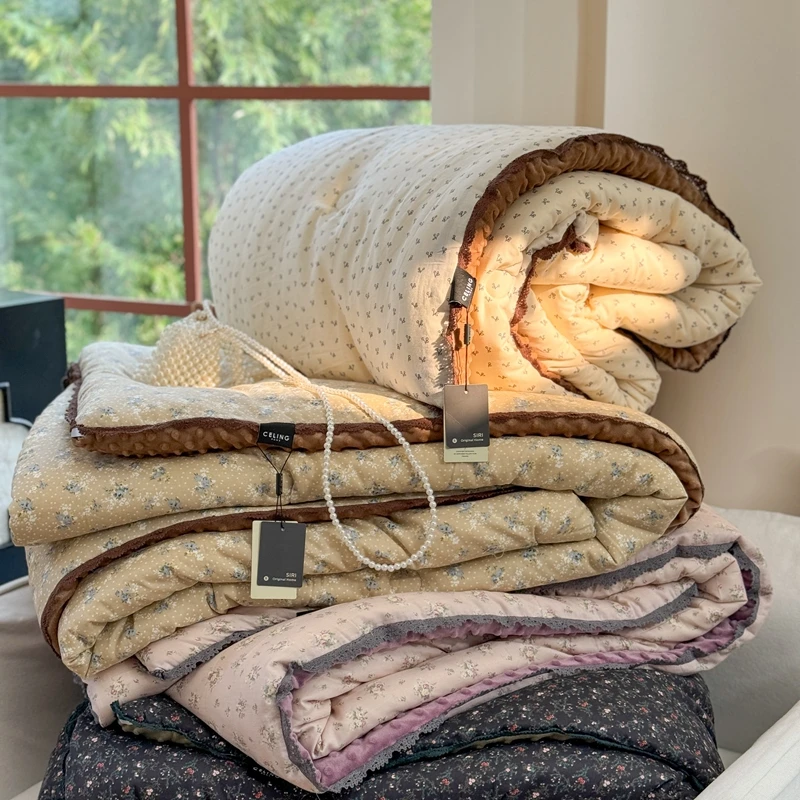 全棉纯棉小花边双层纱布印花 豆豆被 春秋被 加厚冬被