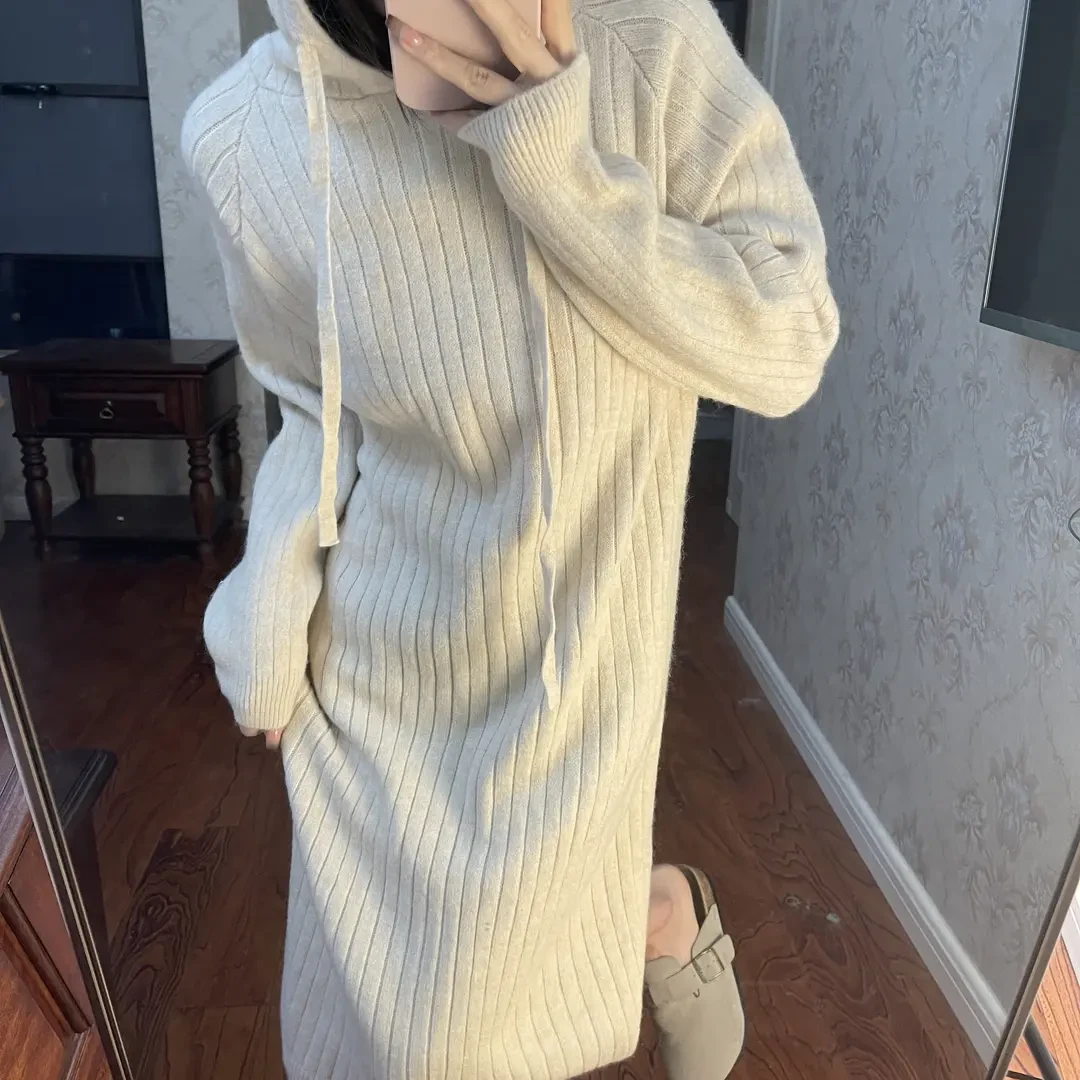连帽毛衣连衣裙女新款秋冬宽松慵懒风显瘦休闲中长款过膝盖针织裙