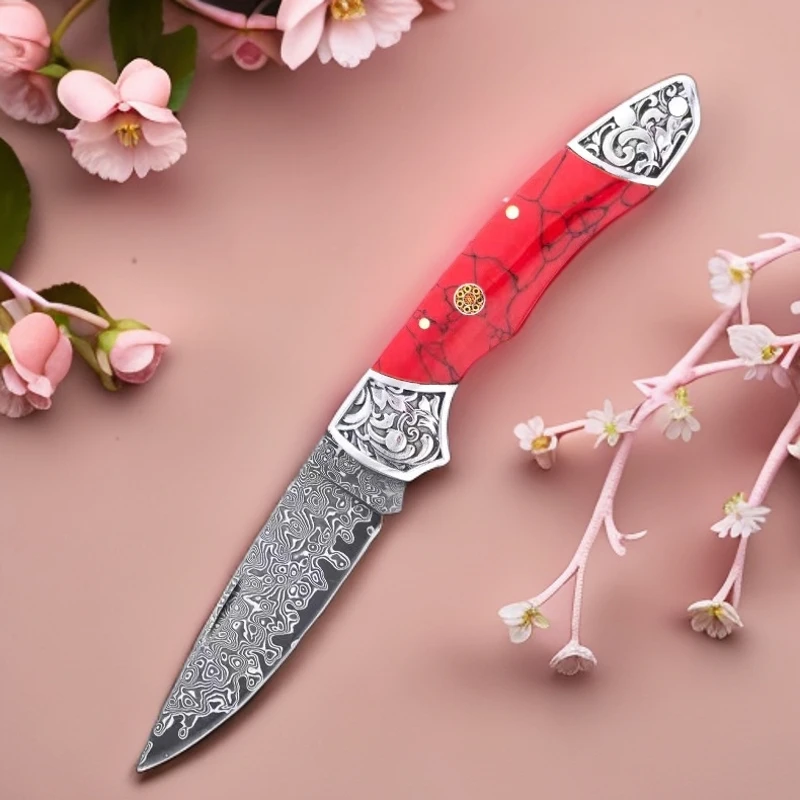 新款红/蓝松石雕花钢头大马士革便携折叠家用户外水果刀