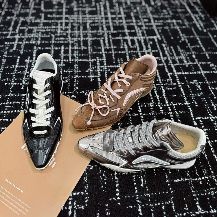 欧洲站2024秋季新款真皮尖头阿甘鞋女网红系带拳击鞋运动休闲女鞋