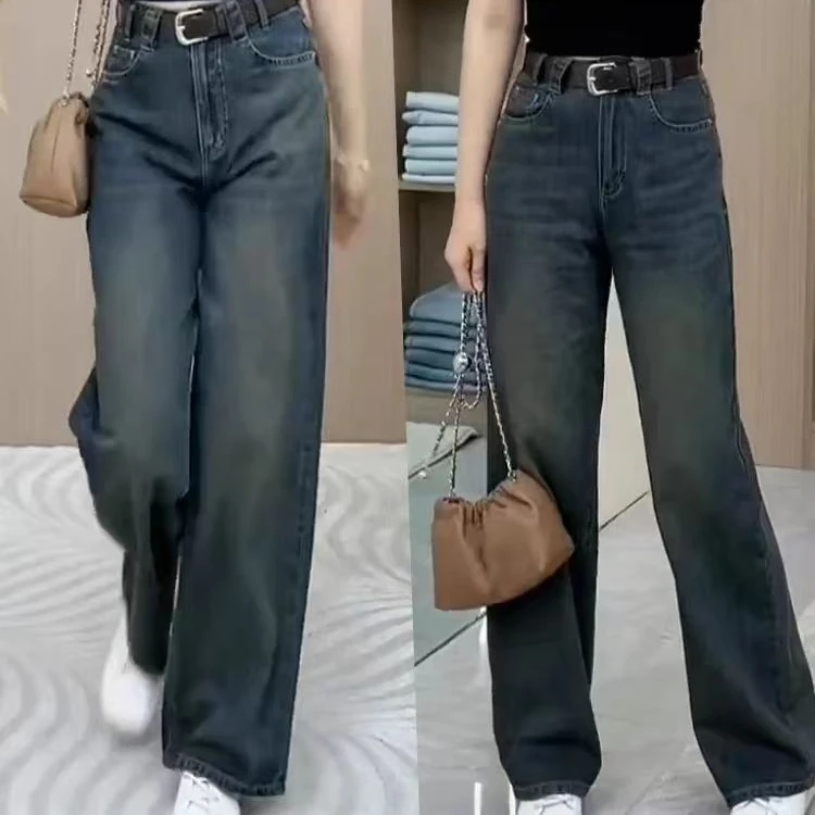 冬季加绒牛仔裤显瘦高腰时尚宽松百搭休闲网红直筒复古阔腿