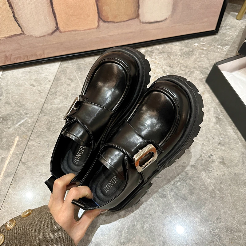 双11厚底乐福女鞋时尚百搭黑色复古春季粗跟英伦风春秋休闲平底