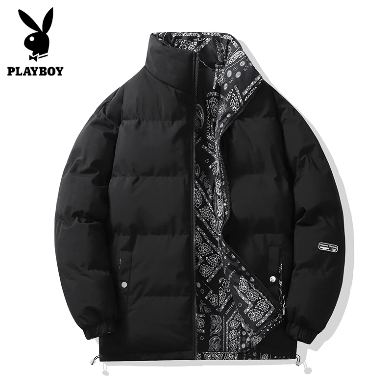 花花公子双面穿男士冬季情侣外套宽松加厚保暖立领棉衣潮流面包服