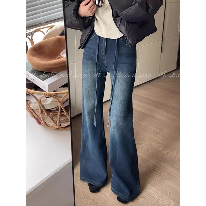 深蓝色水洗系带微喇高腰阔腿裤女秋冬季加绒垂坠松弛感拖地长裤厚