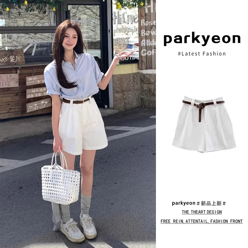 白色高腰阔腿休闲西装a字短裤女夏季小个子中裤宽松显瘦直筒裤子