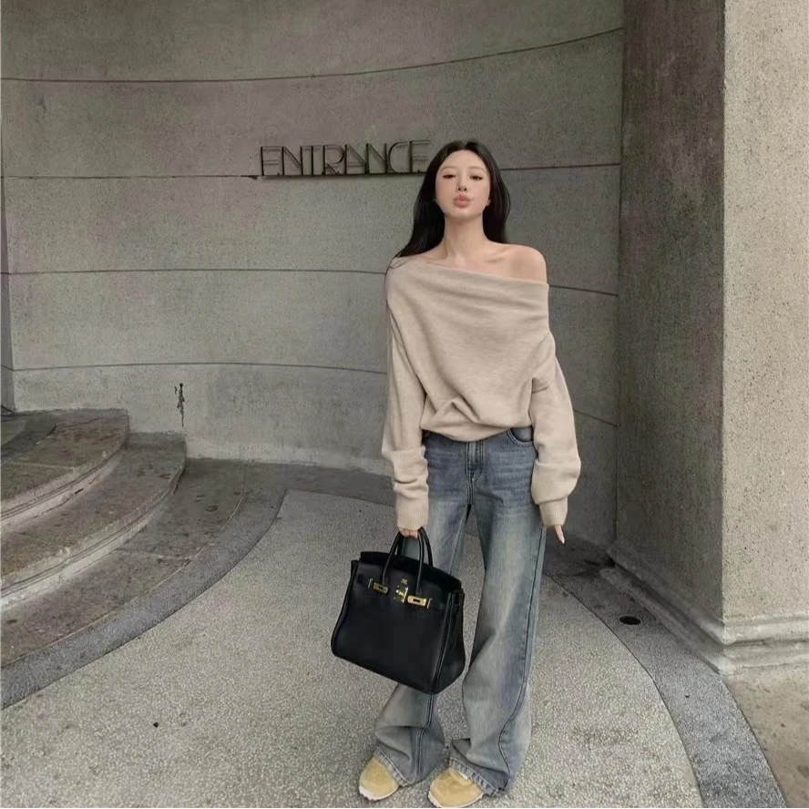 parkyeon温柔简约一字领蝙蝠袖长袖针织衫女秋冬穿搭牛仔裤两件套