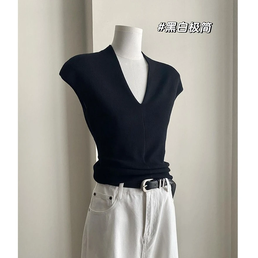 欧货黑色v领小飞袖冰丝针织t恤女夏季短款修身显瘦薄款背心上衣夏