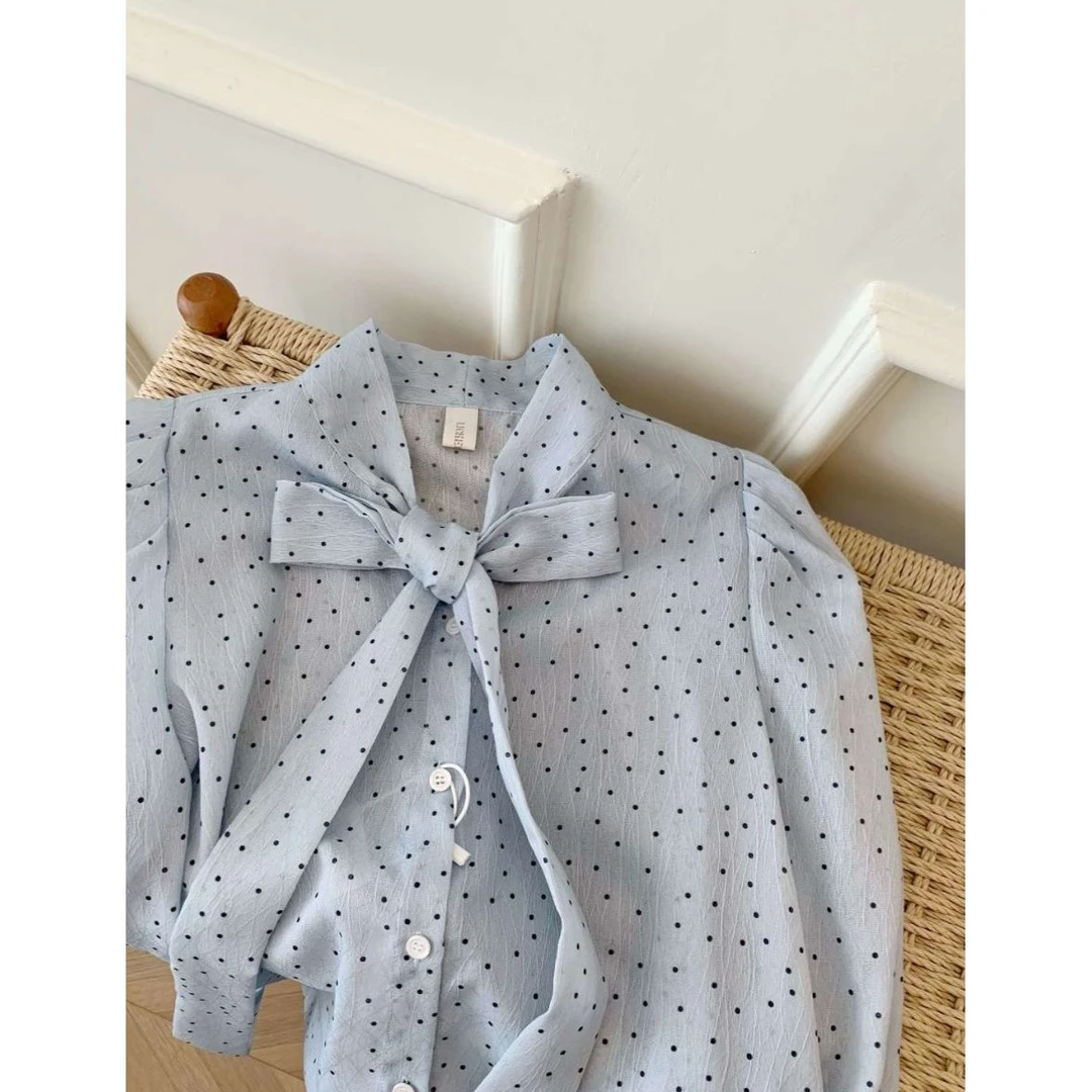 夏季薄款外搭衬衣设计感小众上衣夏蓝色波点蝴蝶结雪纺防晒衬衫女