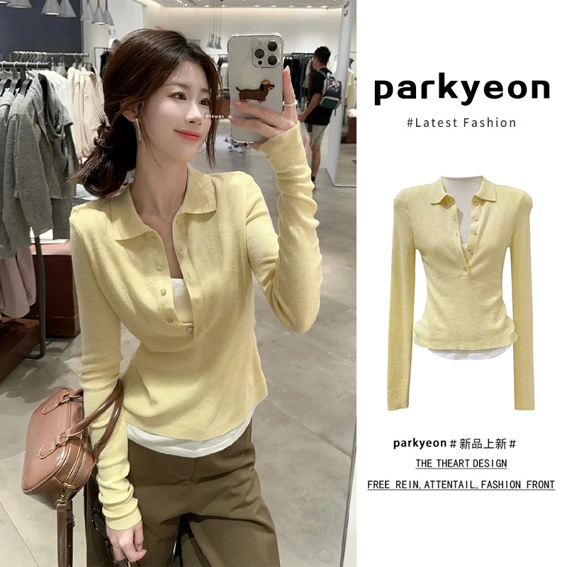 parkyeon韩版polo领假两件拼接针织衫女秋季性感辣妹修身撞色上衣