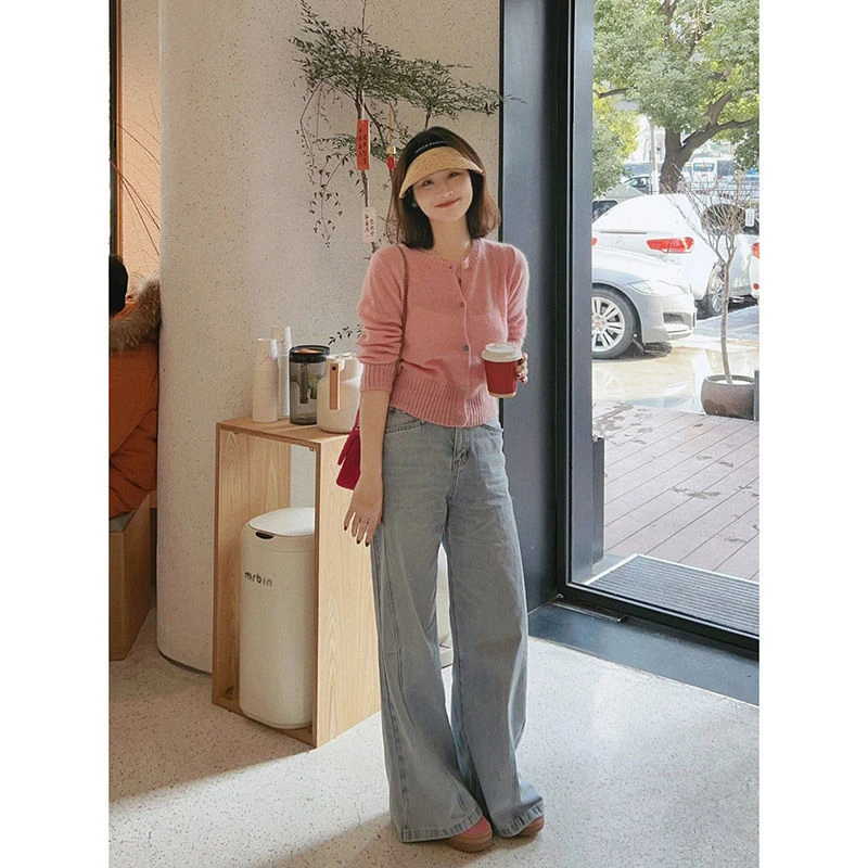 粉色薄款长袖内搭针织开衫女早秋季新款毛衣短款宽松显瘦通勤上衣