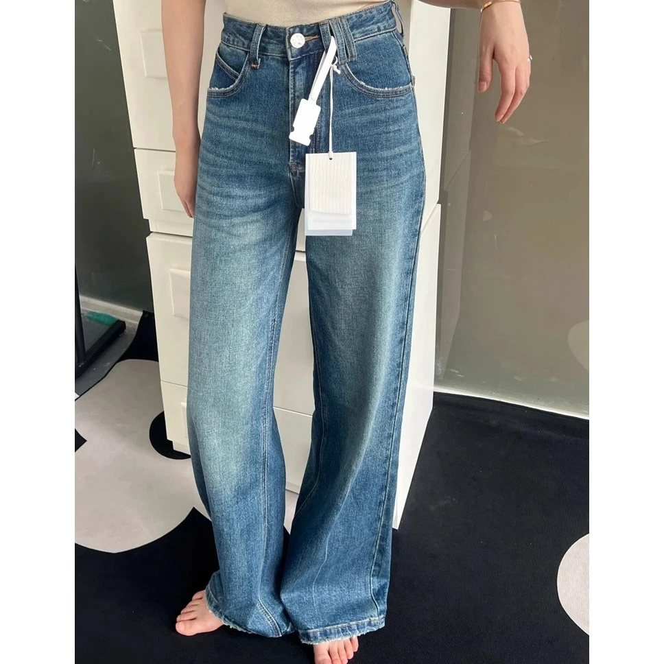 parkyeon美式复古蓝色高腰牛仔裤女秋季宽松显瘦拖地阔腿长裤子