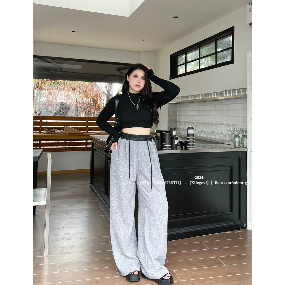 【PPEIQI】"松弛漫步‘’大码秋冬韩版高腰宽松百搭拼色腰头抽绳休