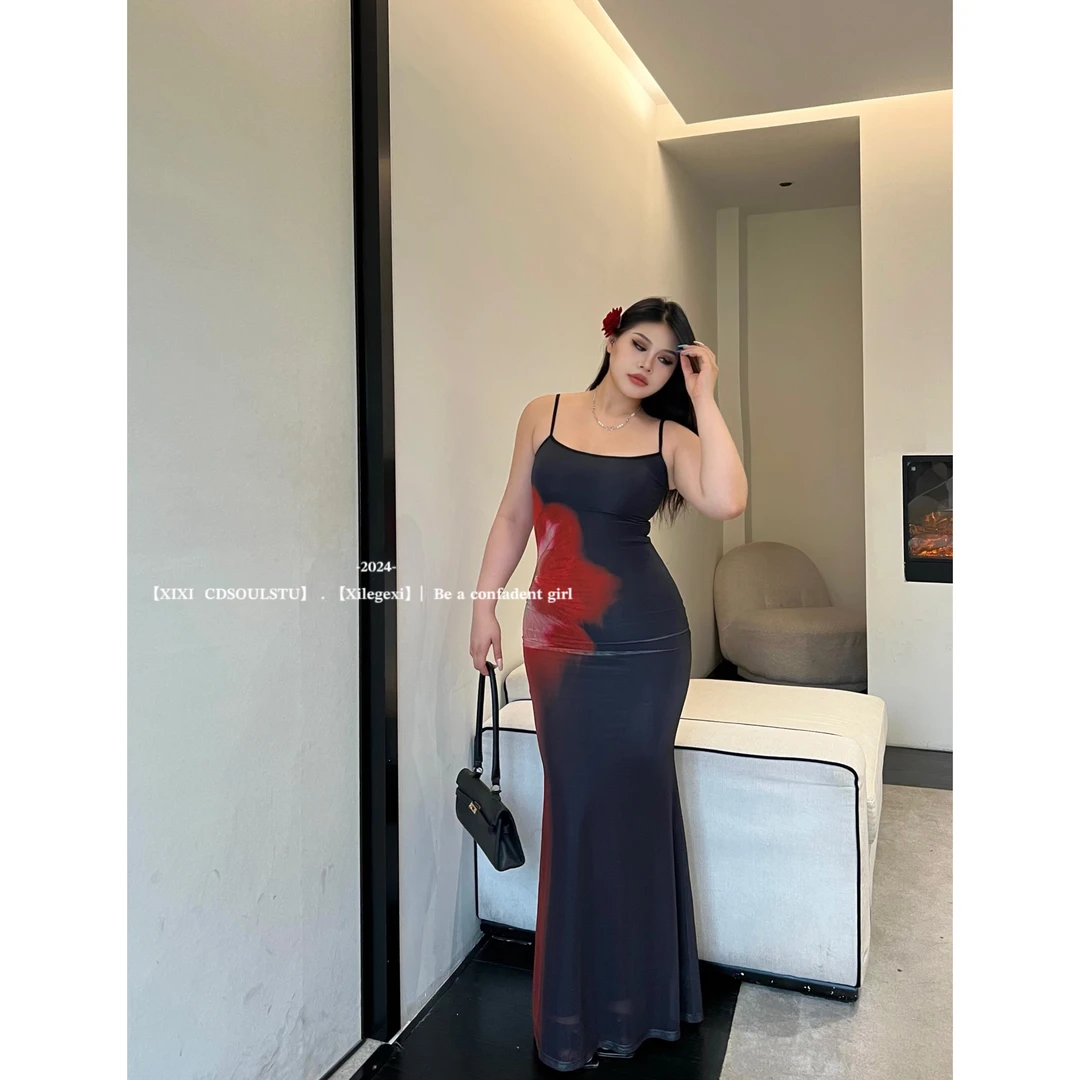 【PPEIQI】"未闻花名"微胖复古印花女夏季性感收腰包臀吊带连衣长裙