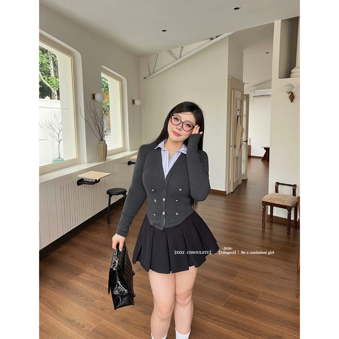 【PPEIQI】"心动密码”大码假两件拼色秋冬长袖T恤女修身内搭短款上