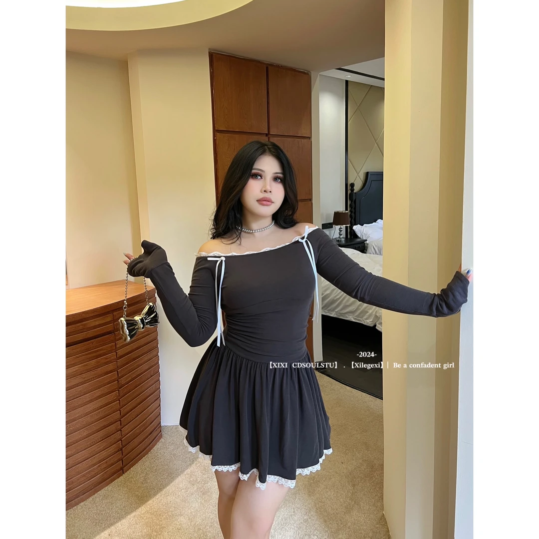 【PPEIQI】"奶欲芭蕾’大码初秋一字肩蕾丝拼接蝴蝶结气质修身连衣裙