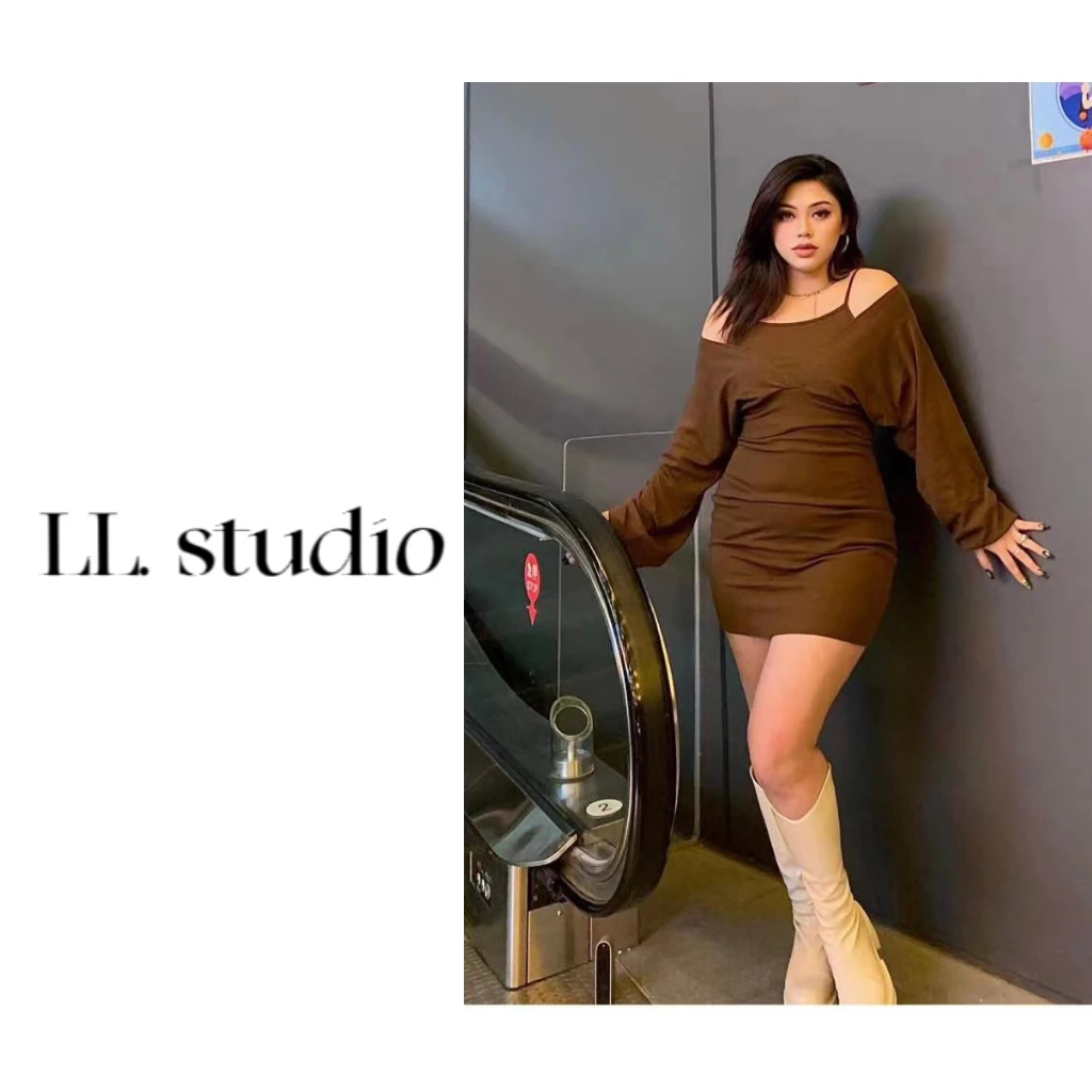 【PPEIQI】"酷调女孩"微胖大码长袖露肩设计感修身显瘦包臀连衣裙