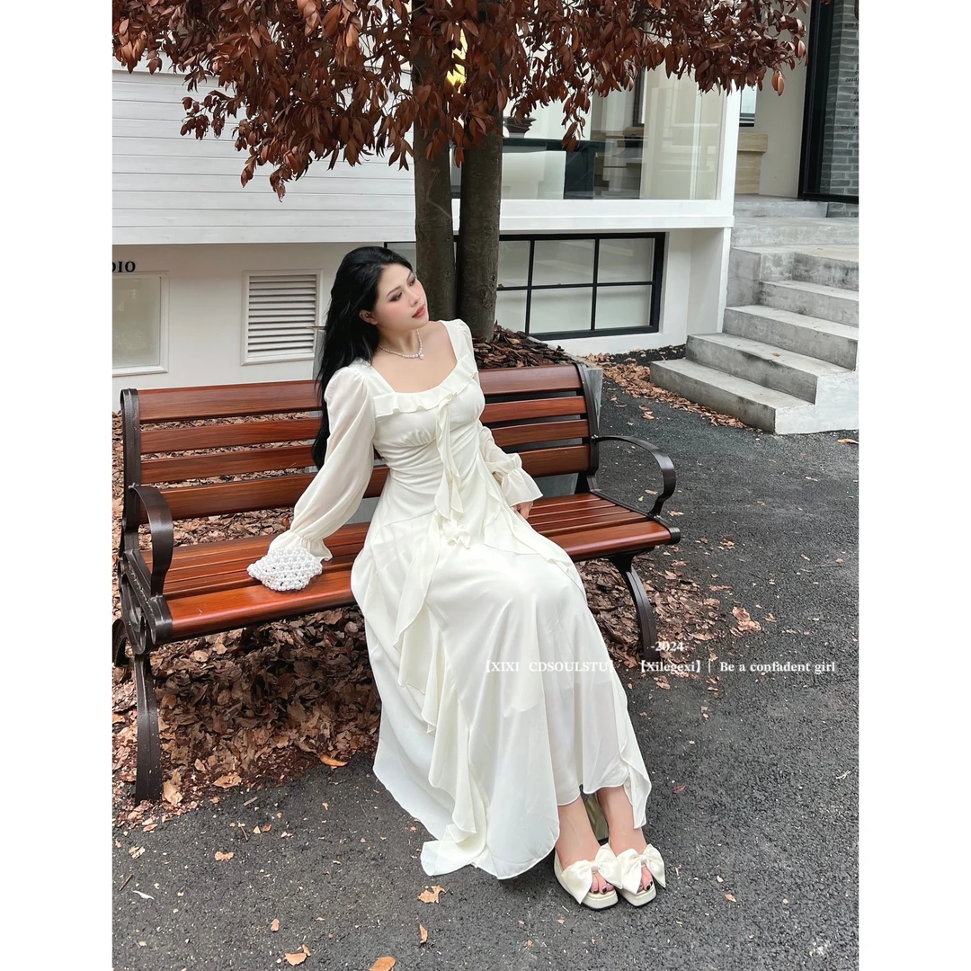 【PPEIQI】"白月如裳'大码秋季法式荷叶边收腰长袖显瘦连衣长裙女