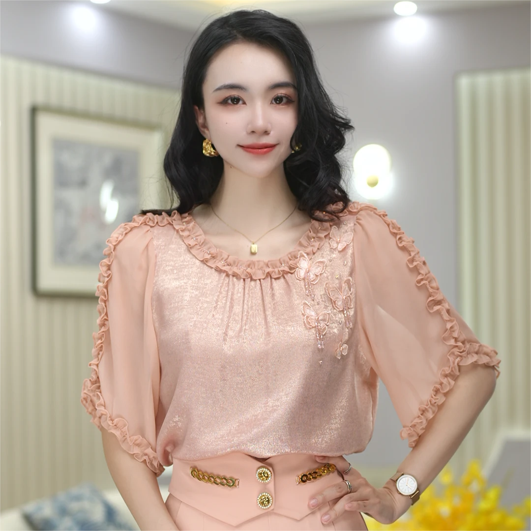 米娅 蝴蝶设计纯色衬衫夏季时尚木耳边宽松显瘦气质衬衣女DY4561