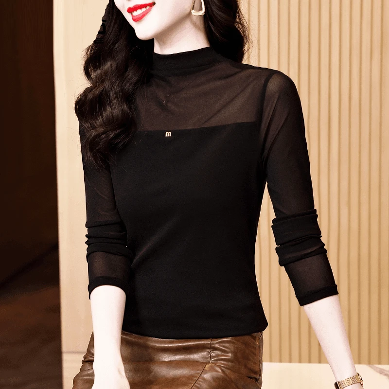 半高领网纱打底衫女内搭秋季2024新款长袖t恤洋气小衫蕾丝上衣潮