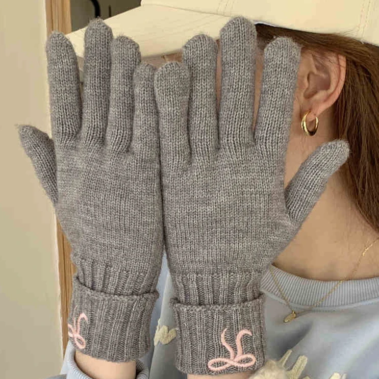 【李大毛】秋冬季蝴蝶结针织加长韩国女手套保暖加厚兔绒ins分指款