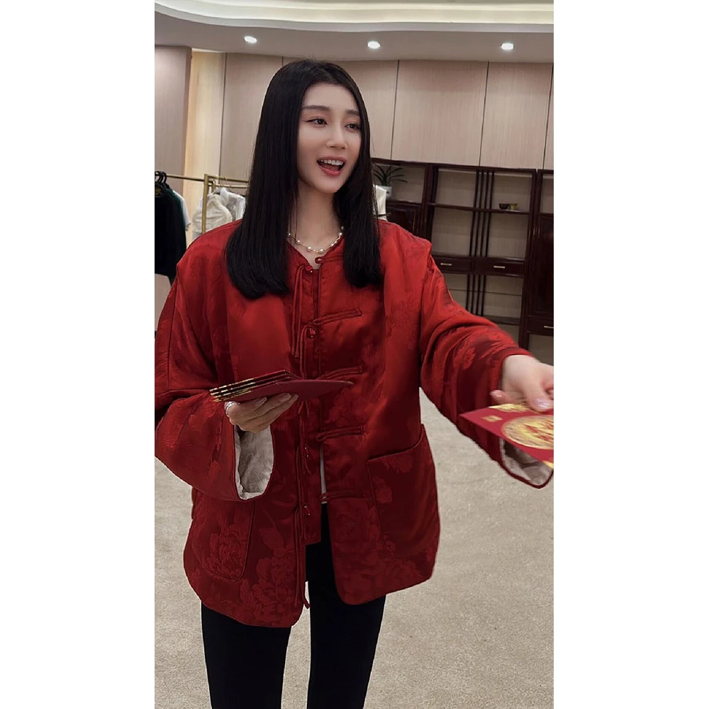新中式国风红色夹棉外套女冬2023新款高级感新年过年战袍唐装上衣