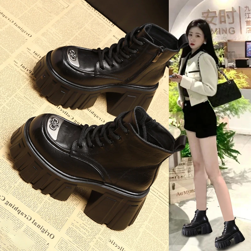 SJN0170-12L厚底内增高软底马丁靴子女2024秋季新款松糕休闲短靴