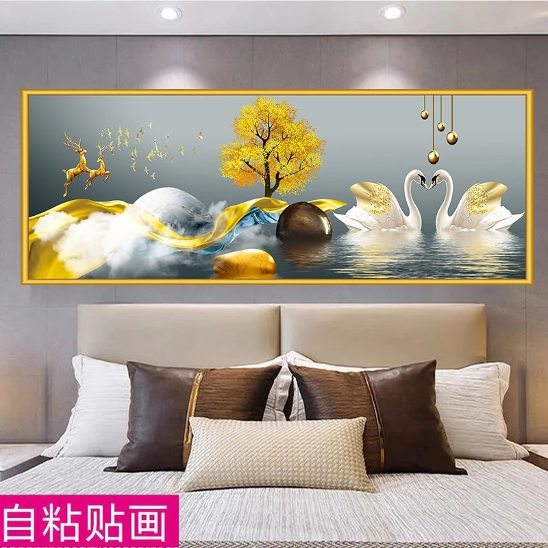 主卧室床头背景墙装饰画自粘房间温馨天鹅简约酒店病宾馆轻奢贴画