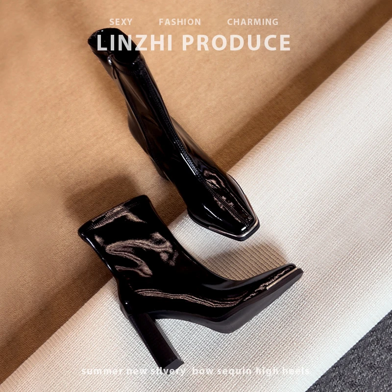 粗跟网红短靴女2024新款漆皮高跟靴子后拉链圆头时尚百搭女靴皮靴