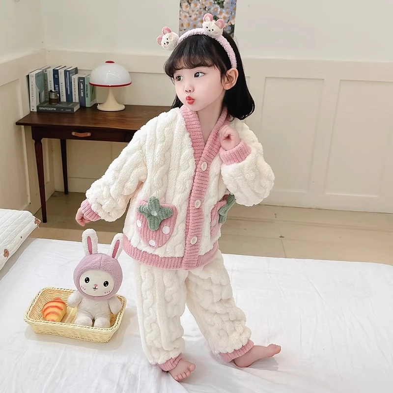 女童珊瑚绒睡衣秋冬季2024儿童加绒珊瑚绒女孩加厚宝宝家居服套装