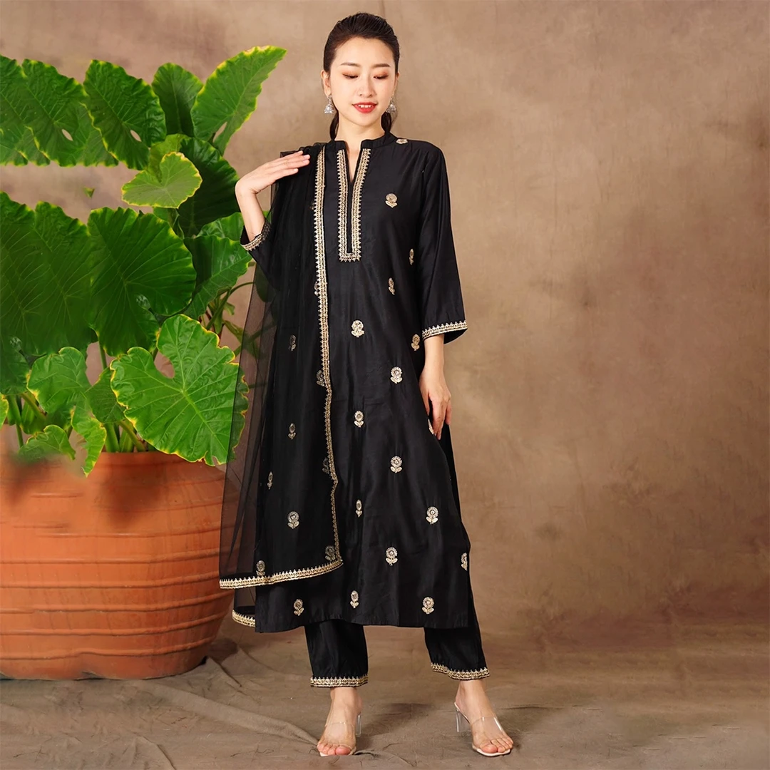 印度进口民族风女装丝绵刺绣传统服饰气质 旁遮比3件套光泽感