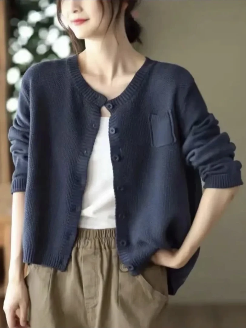 2024秋新品单排扣圆领针织时尚复古女士开衫##66316