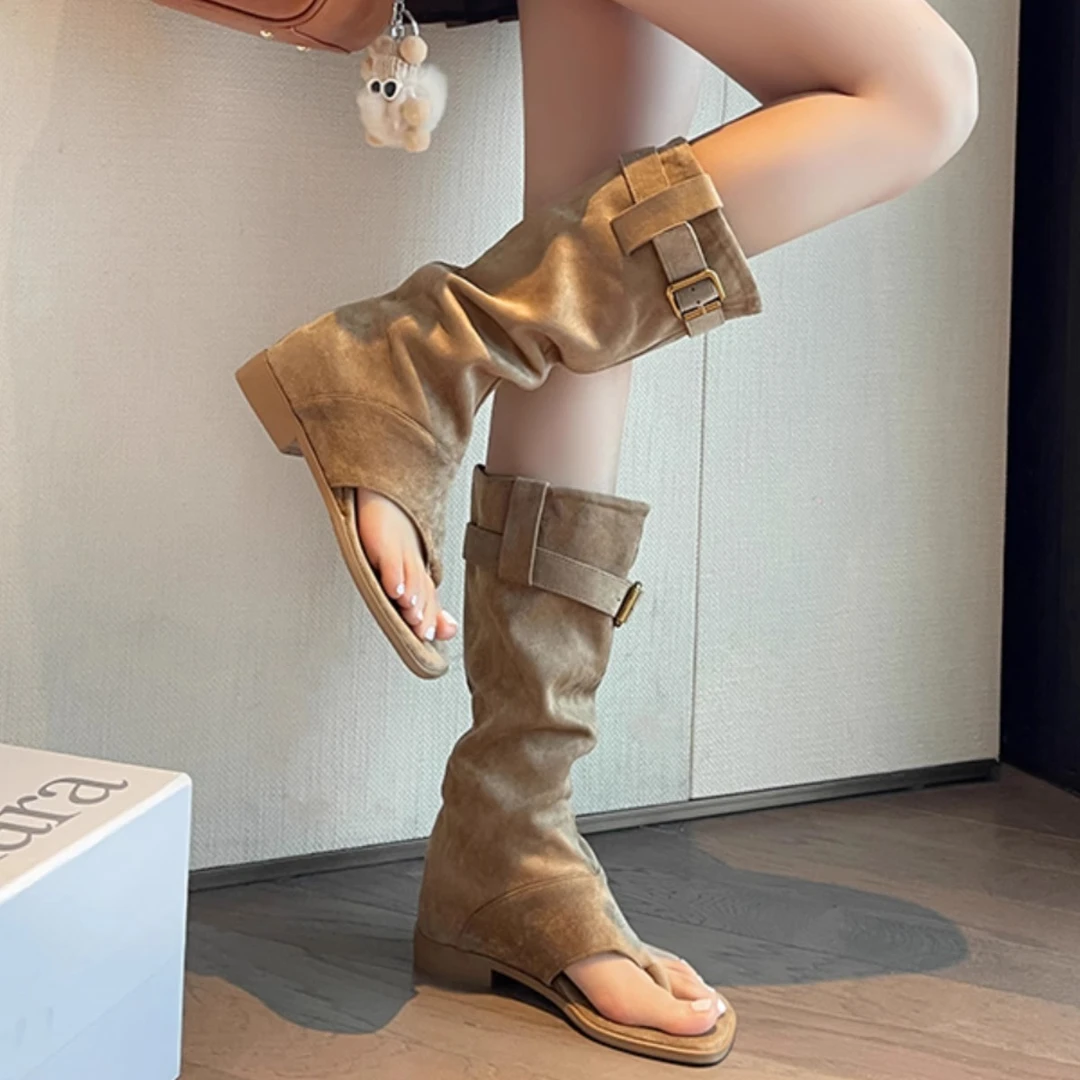 波西米亚沙滩罗马凉鞋高级感坡跟内增高靴子夏美拉德露趾夹脚凉靴