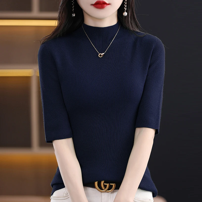 中袖修身针织打底衫上衣女装2025秋冬季半高领纯色五分袖内搭毛衣