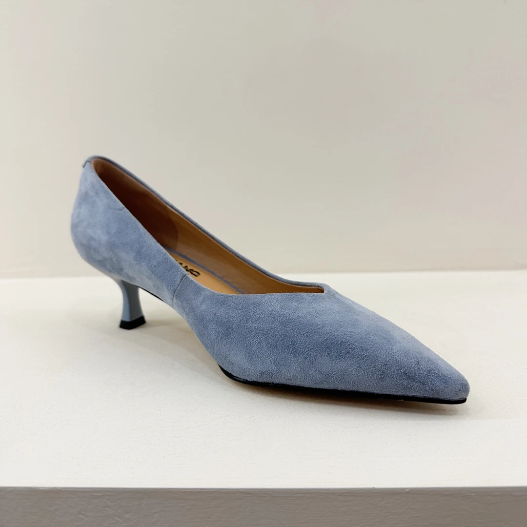 【曹师傅】真皮手工鞋尖头蓝色细跟时尚百搭单鞋羊京绒羊反皮