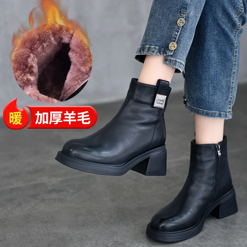 高跟短靴女士头层牛皮粗跟羊毛保暖靴2023秋冬新款加厚T60301-2
