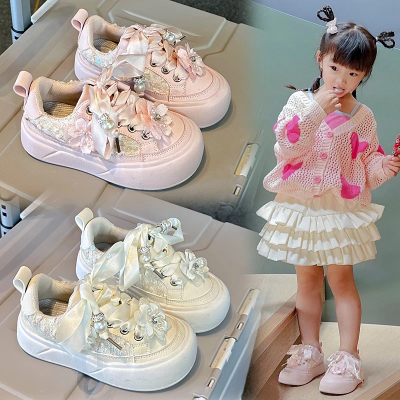 女童国风休闲鞋2024年秋季新款儿童水钻珍珠花朵学院风公主运动鞋
