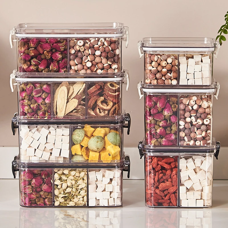 方形花茶包装盒塑料四分格密封罐子食品级收纳保鲜盒密封储物罐